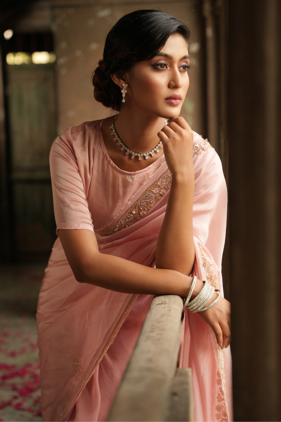 Whispers of Elegance: Light Peach Organza Silk Saree with Zardozi Buti & Grand Border