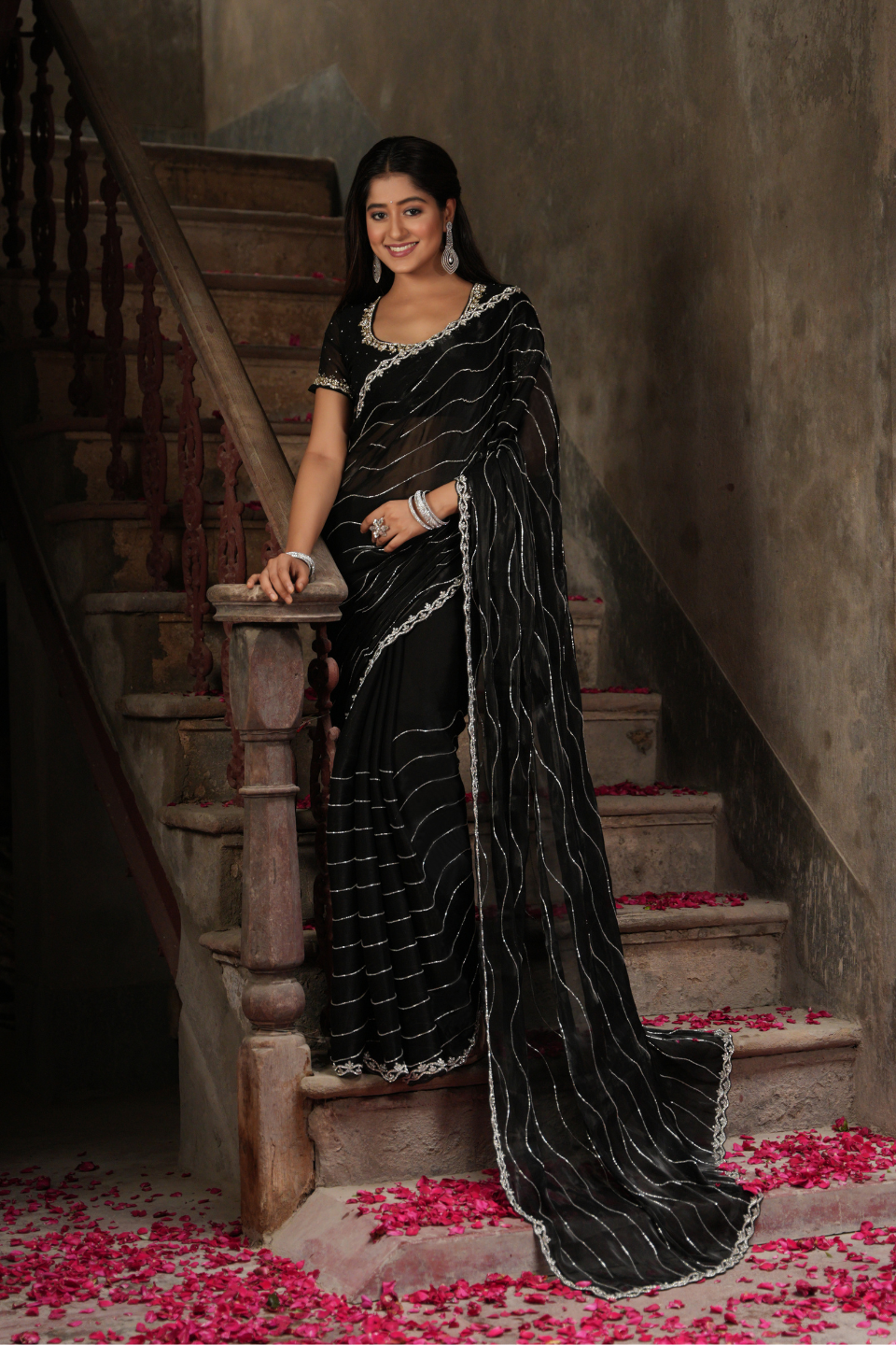 Majestic Black Saree with Heavy Horizontal Lines & Nine Yard Zarkan Border on Organza Tissue