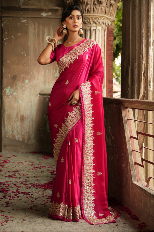 Royal Allure: Dark Pink/Rani Tissue Organza Saree Adorned with Pure Zardozi Buti