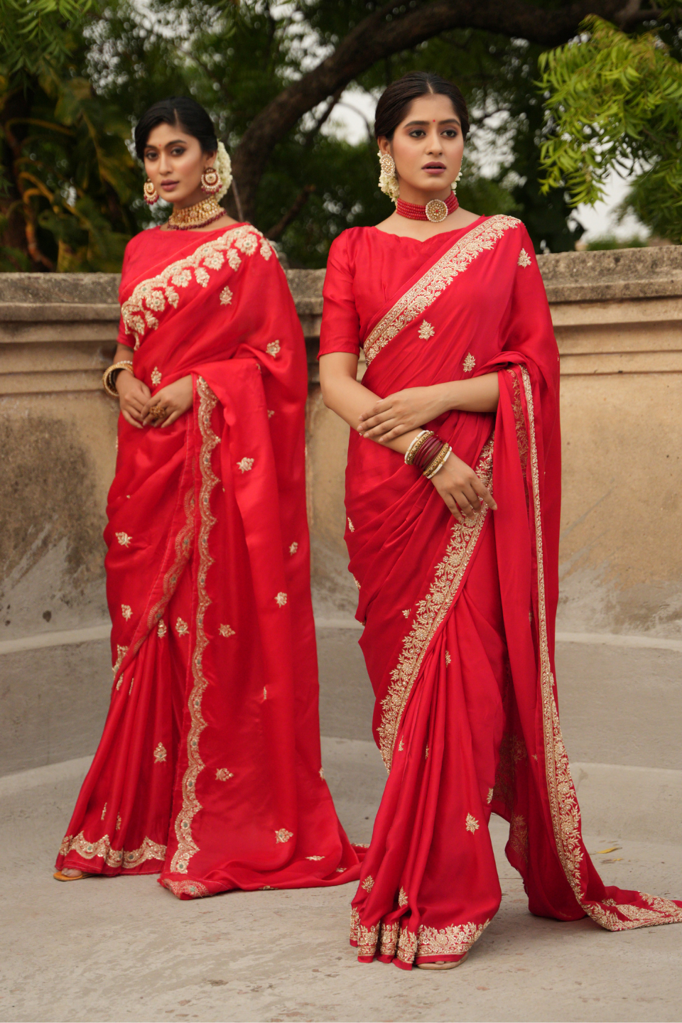 Scarlet Splendor: Red Satin Silk Saree with Zardozi Border & Buti Embellishments