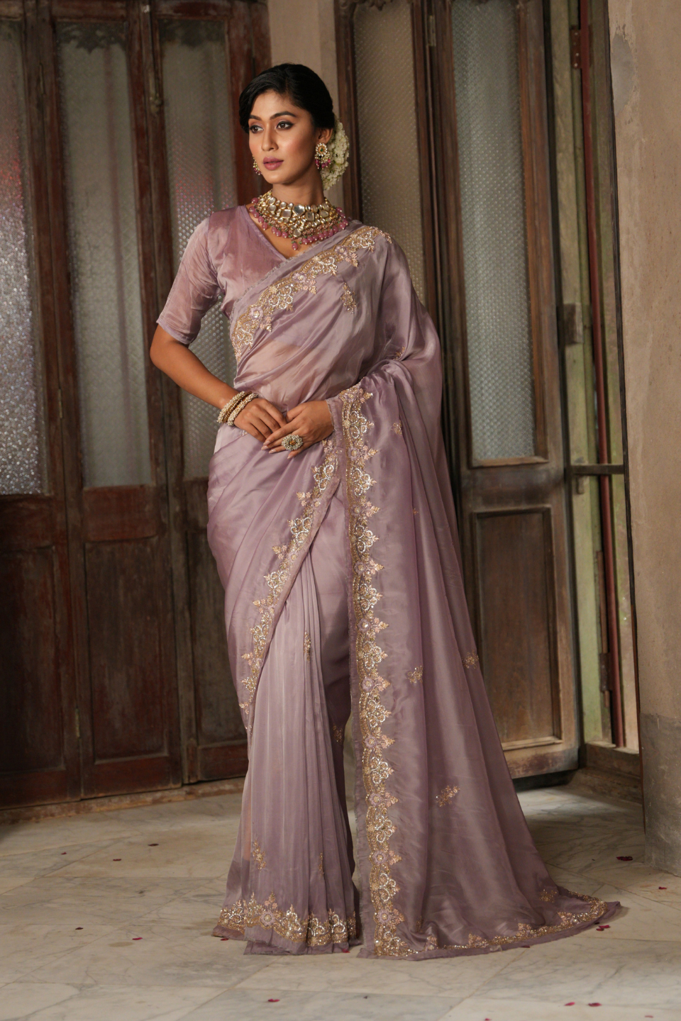 Pinkish Peach Organza Tissue Saree with Zardozi