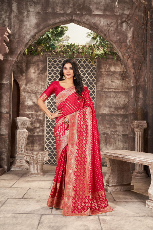 Classic Red Khaddi Silk Saree with Diamond Work