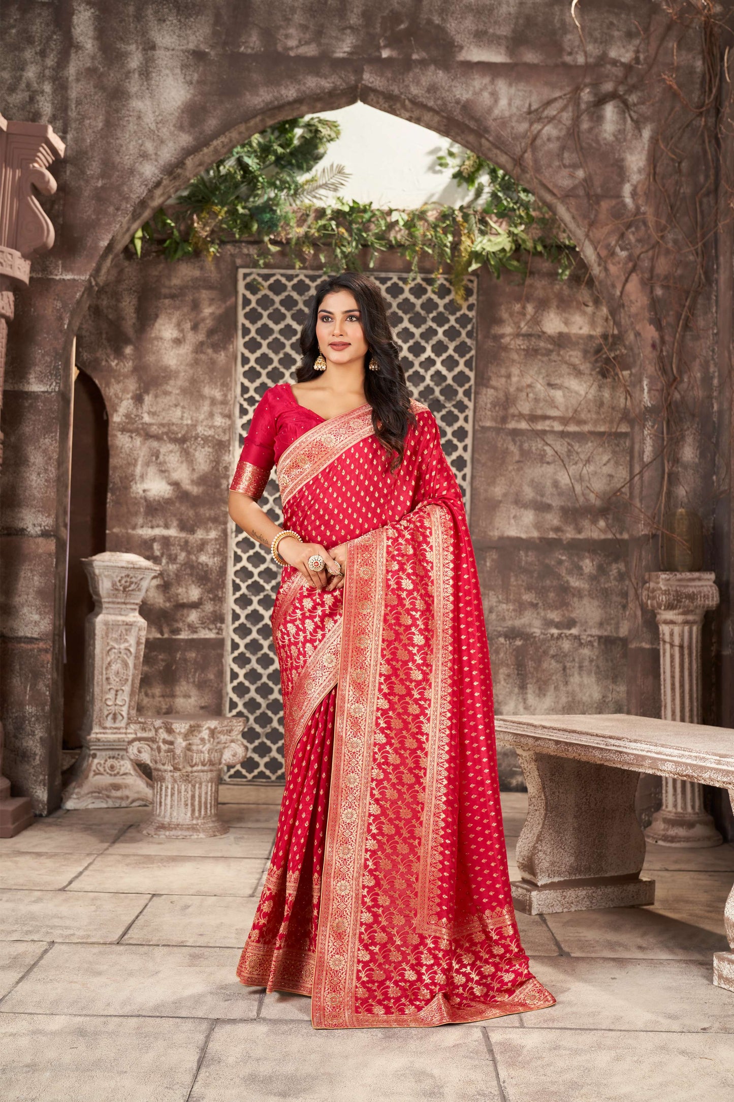 Classic Red Khaddi Silk Saree with Diamond Work