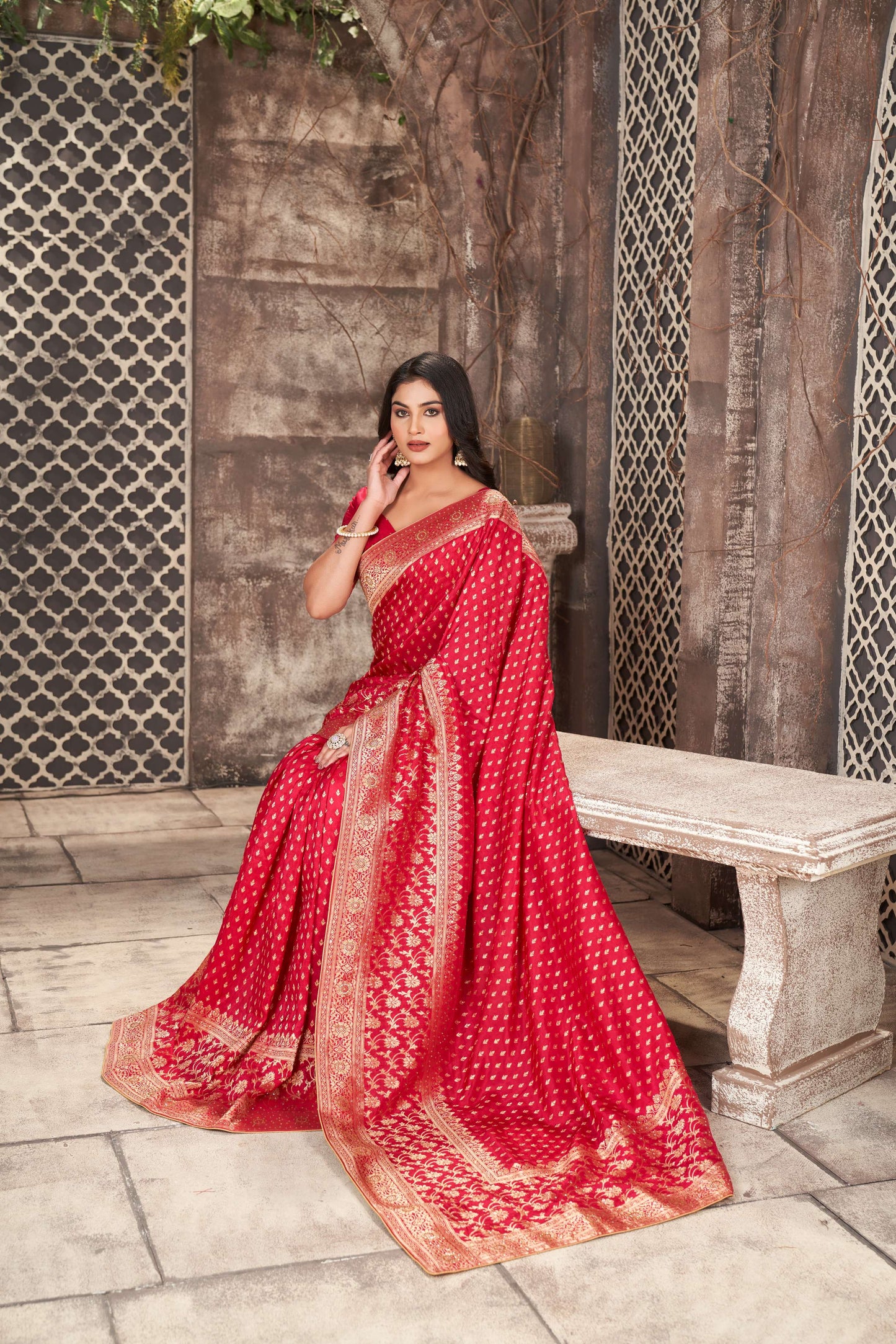 Classic Red Khaddi Silk Saree with Diamond Work