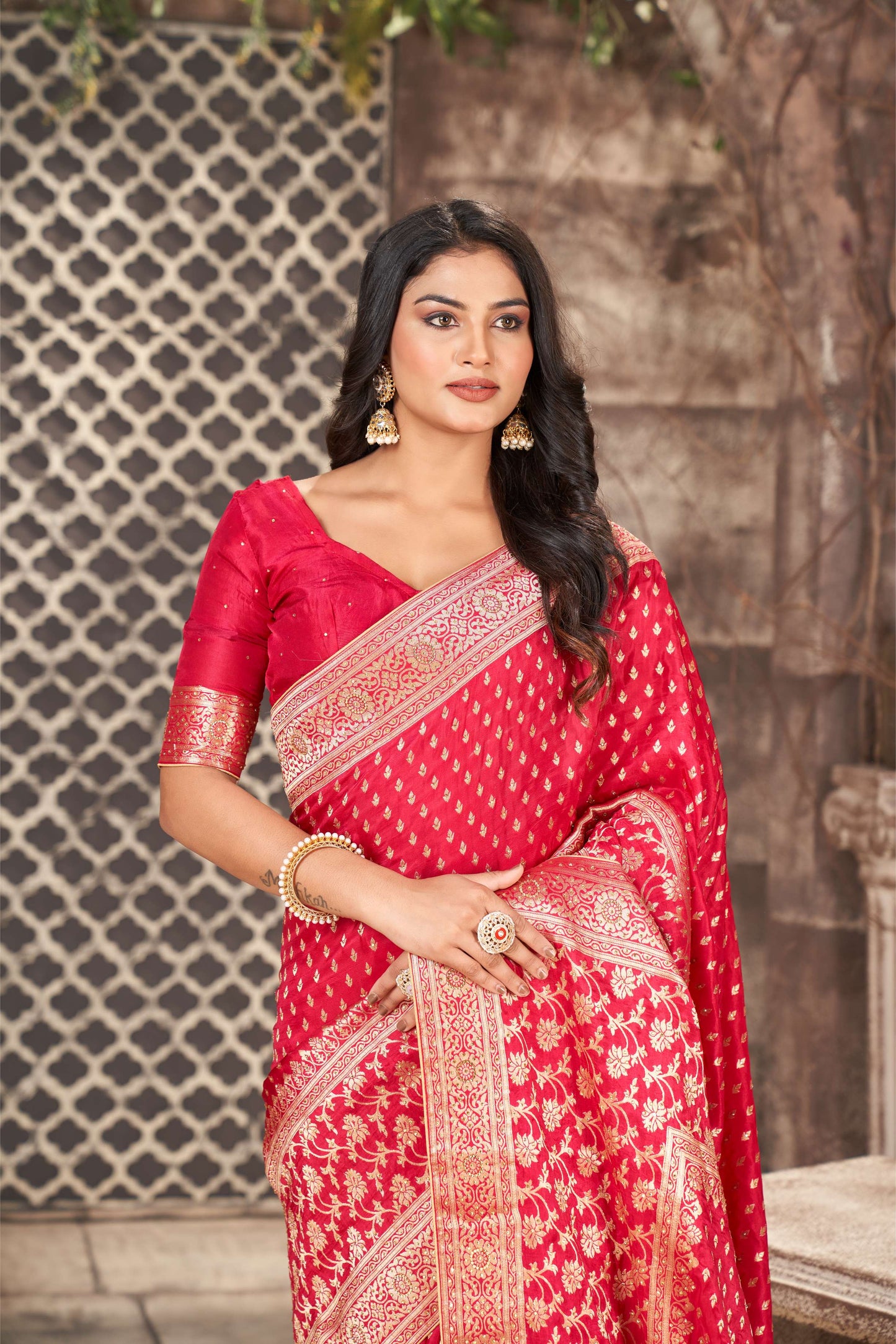 Classic Red Khaddi Silk Saree with Diamond Work