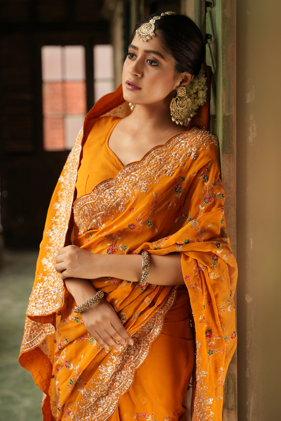 Golden Radiance: Mustard Yellow Georgette Saree with Zari Border & Resham Jaal