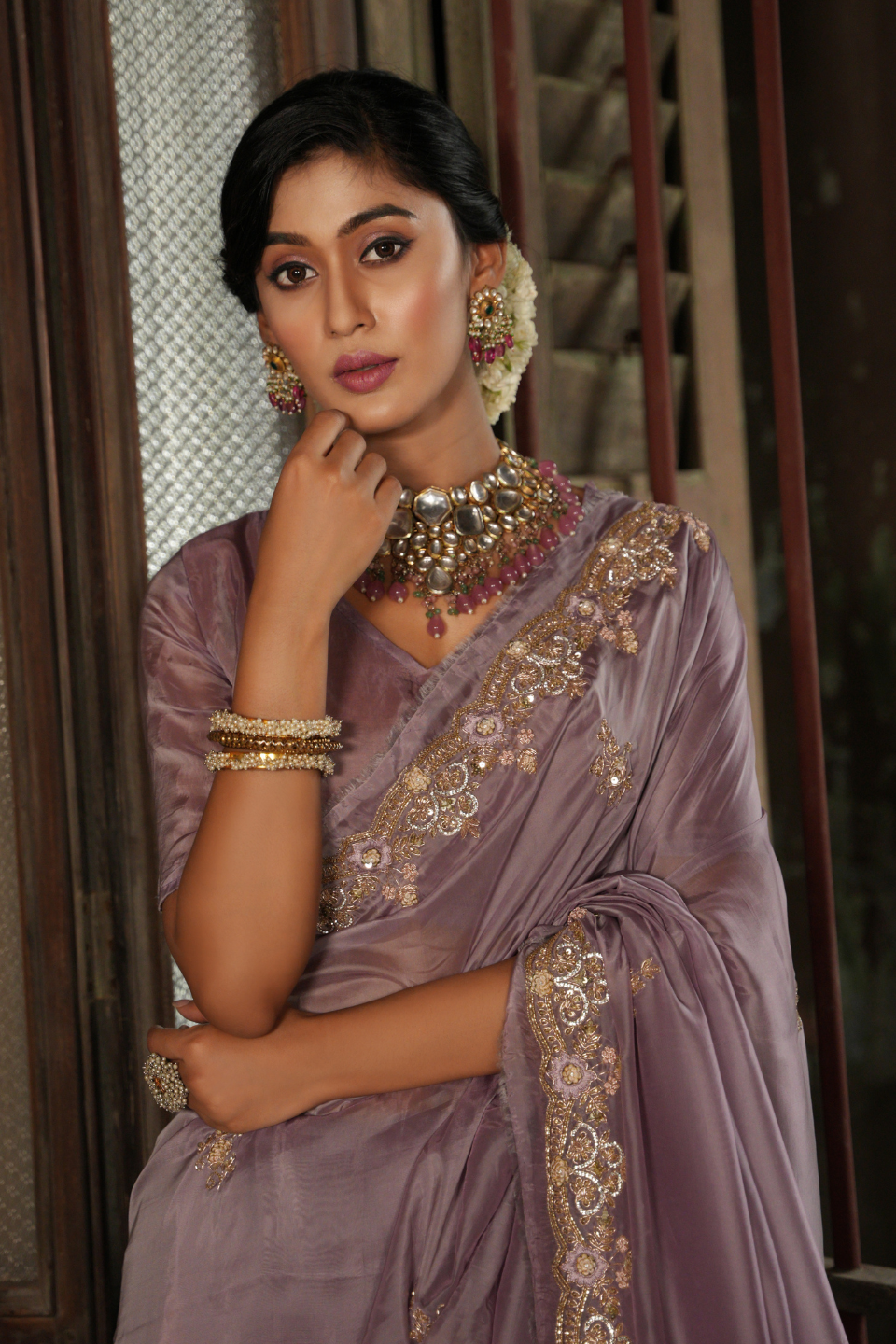 Pinkish Peach Organza Tissue Saree with Zardozi