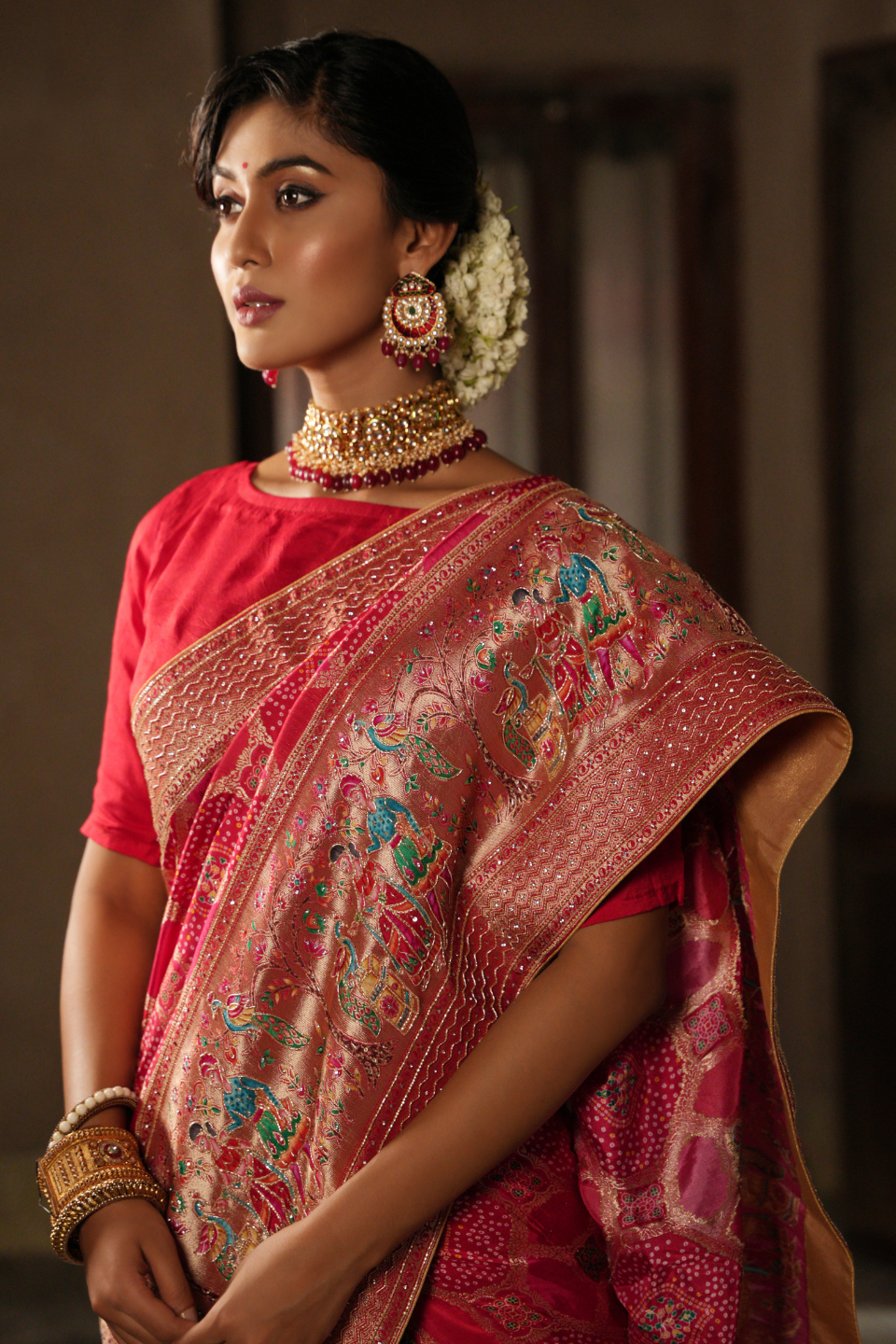 Desert Rose Allure: Gajri Khaddi Silk Saree with Hand Embroidery & Meena Work