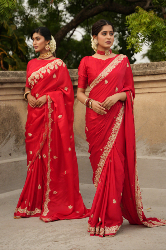 Scarlet Splendor: Red Satin Silk Saree with Zardozi Border & Buti Embellishments