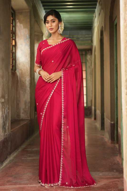 Gajri Georgette Saree with All Over Buti & Grand Nine Yard Border