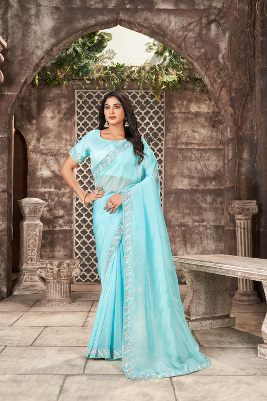 Ethereal Light Firozi Organza Tissue Saree with Sequins and Cut-dana