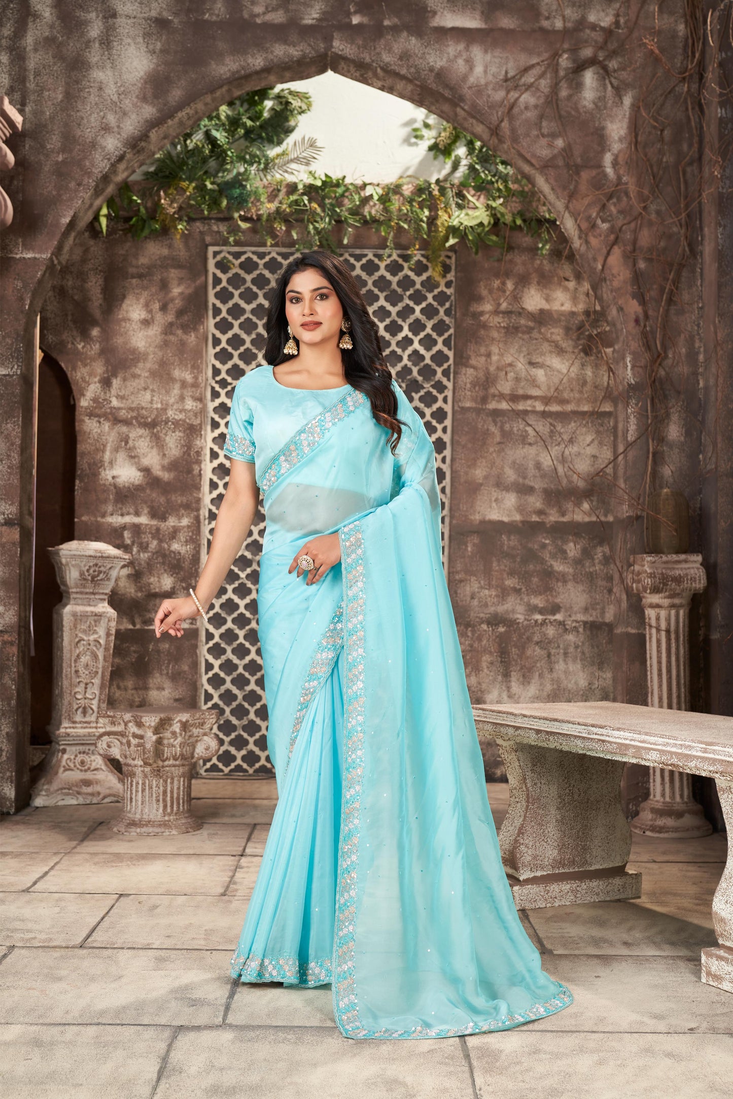 Ethereal Light Firozi Organza Tissue Saree with Sequins and Cut-dana