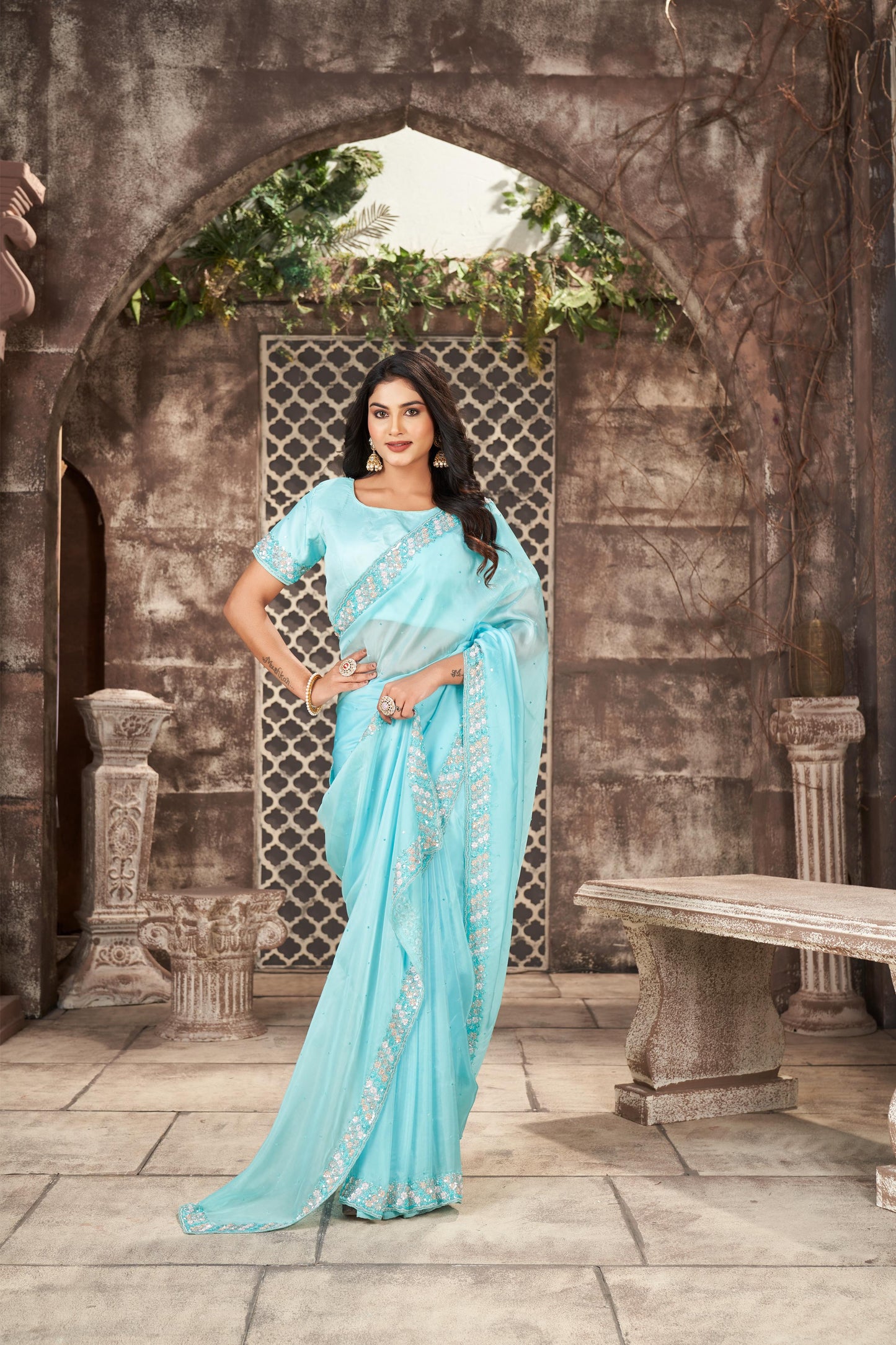 Ethereal Light Firozi Organza Tissue Saree with Sequins and Cut-dana