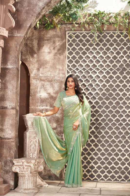 Enchanting Pista Green Shimmer Tissue Saree with Sequin and Zardozi Work