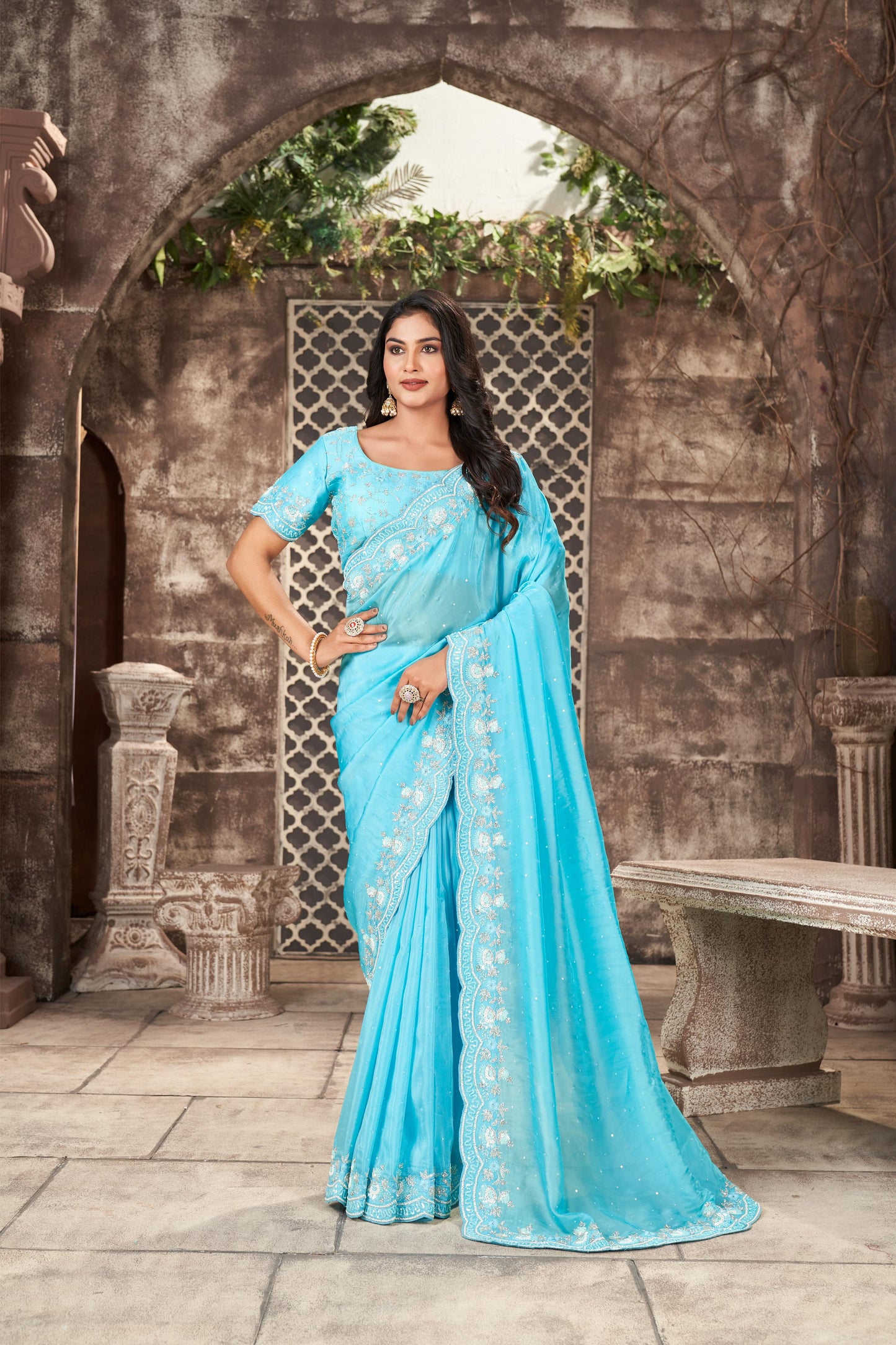 Captivating Firozi Tissue Organza Saree with Sequins and Zardozi