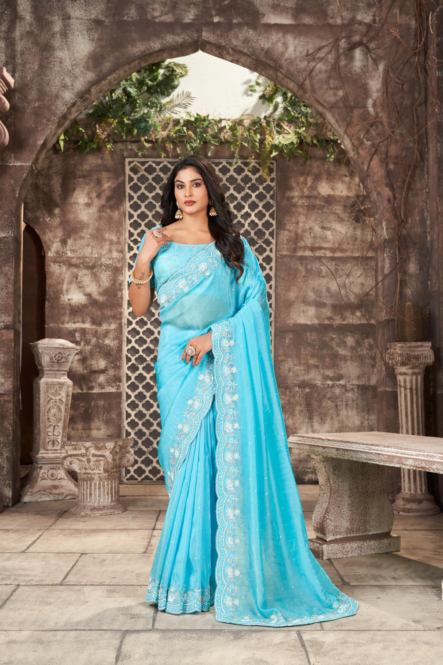 Captivating Firozi Tissue Organza Saree with Sequins and Zardozi