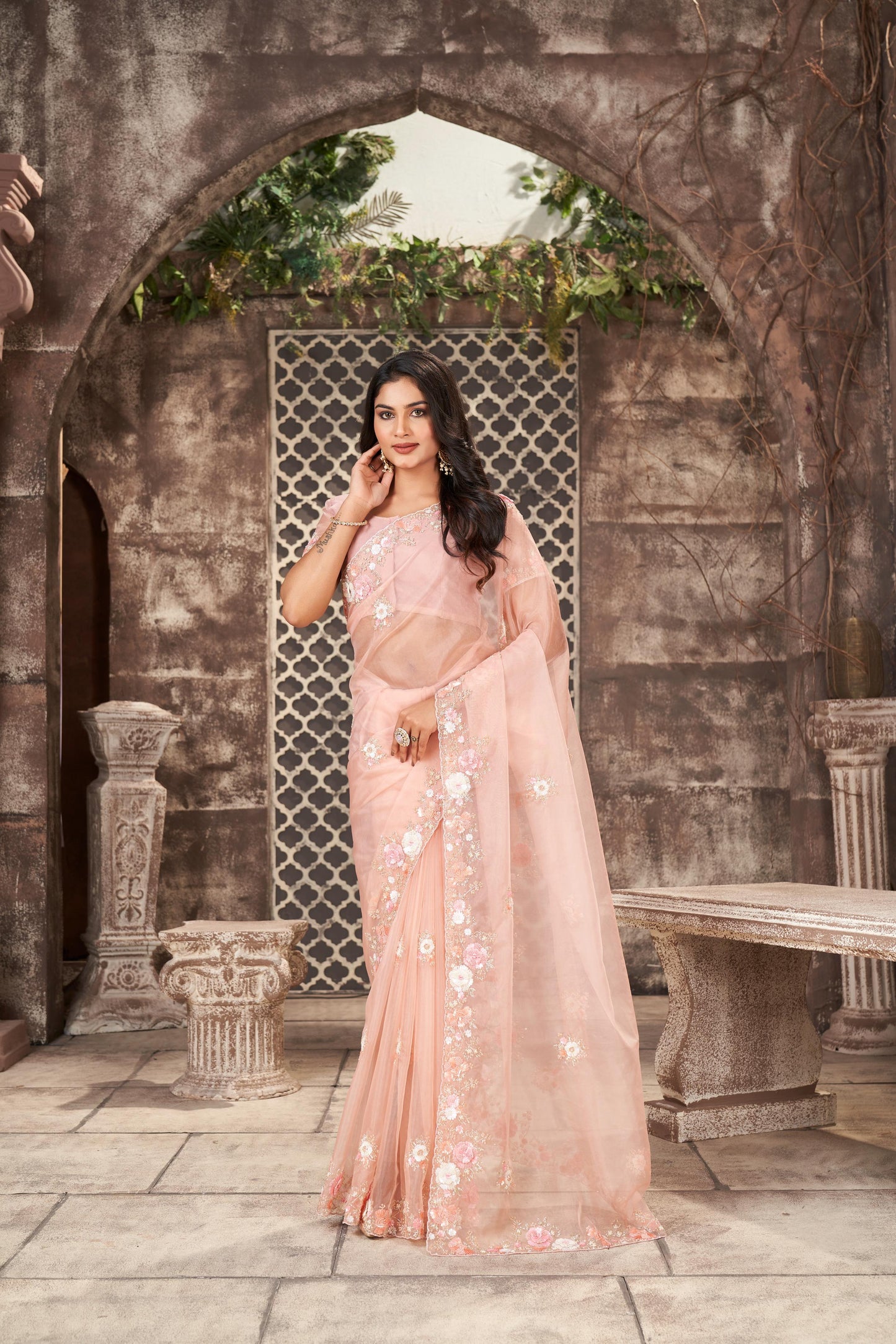 Elegant Peach Organza Saree with Hand Embroidery