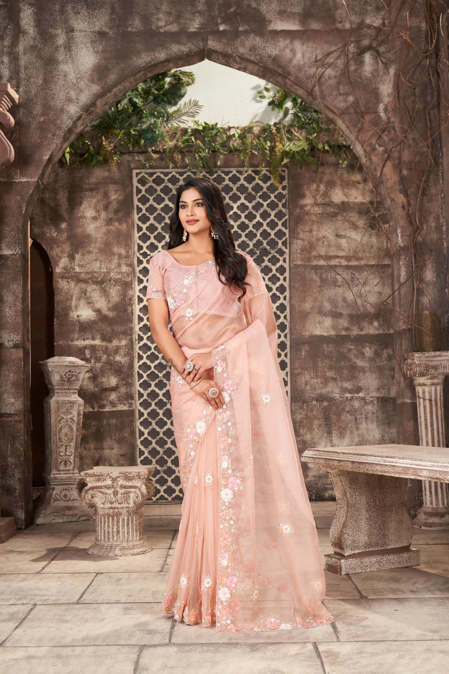 Elegant Peach Organza Saree with Hand Embroidery