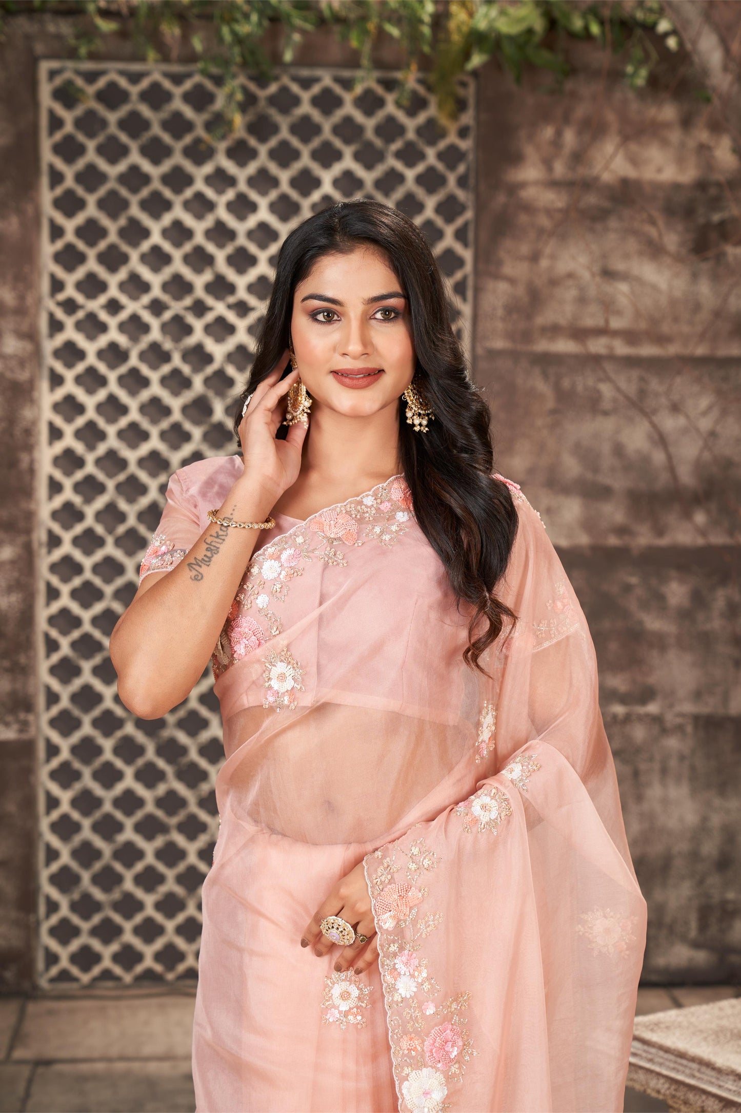 Elegant Peach Organza Saree with Hand Embroidery