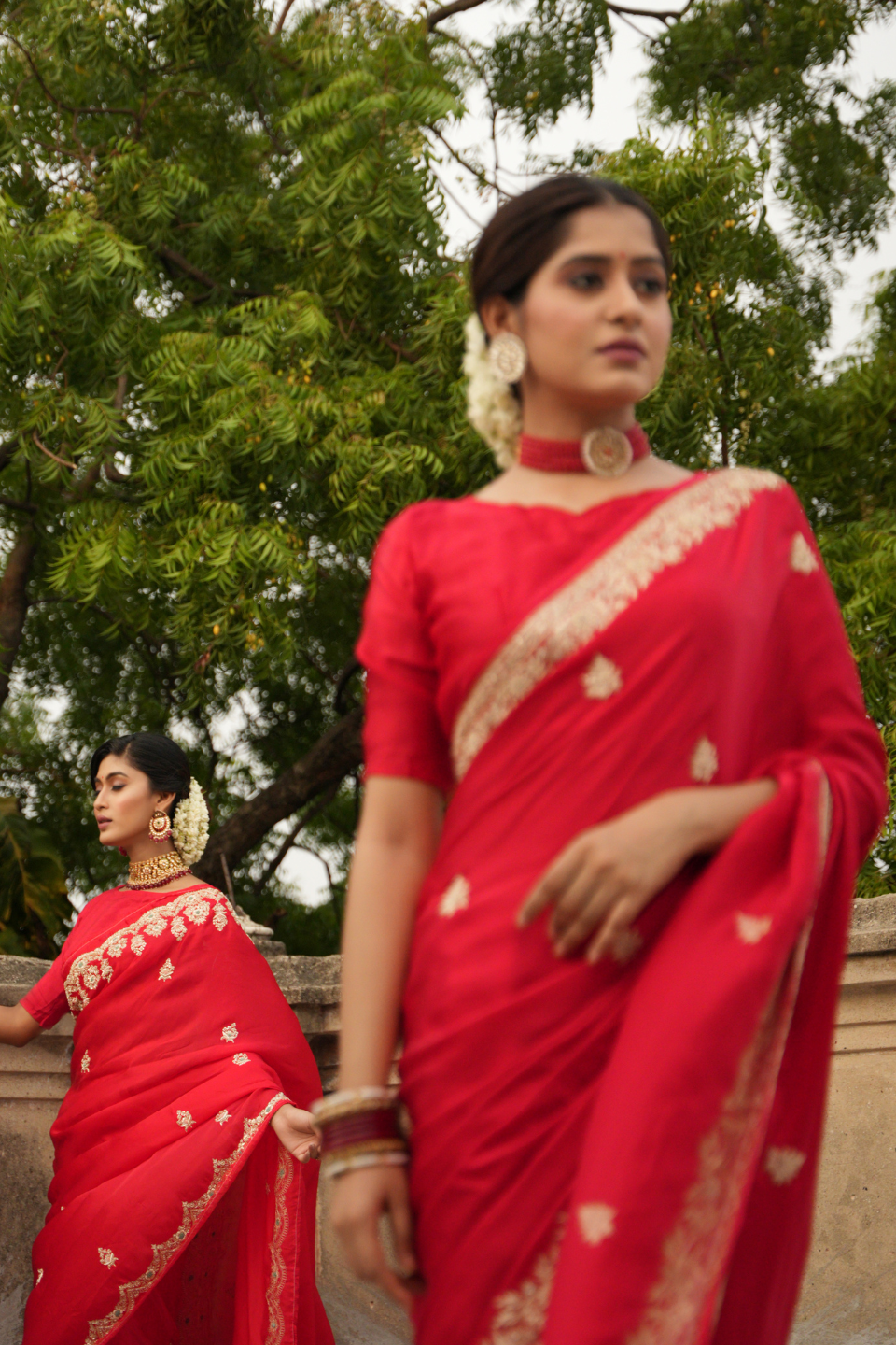 Scarlet Splendor: Red Satin Silk Saree with Zardozi Border & Buti Embellishments