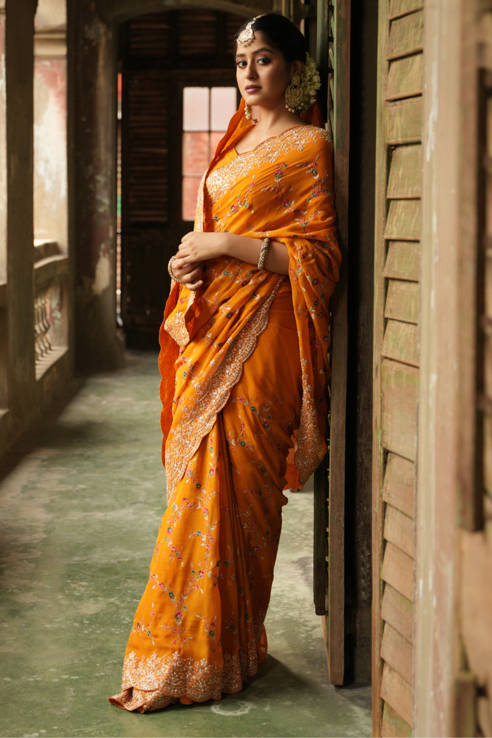 Golden Radiance: Mustard Yellow Georgette Saree with Zari Border & Resham Jaal