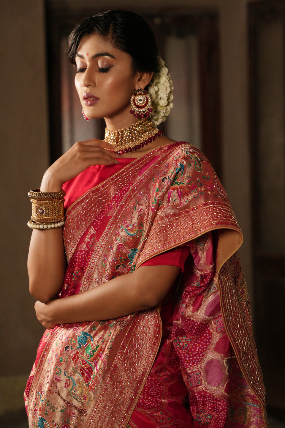 Desert Rose Allure: Gajri Khaddi Silk Saree with Hand Embroidery & Meena Work