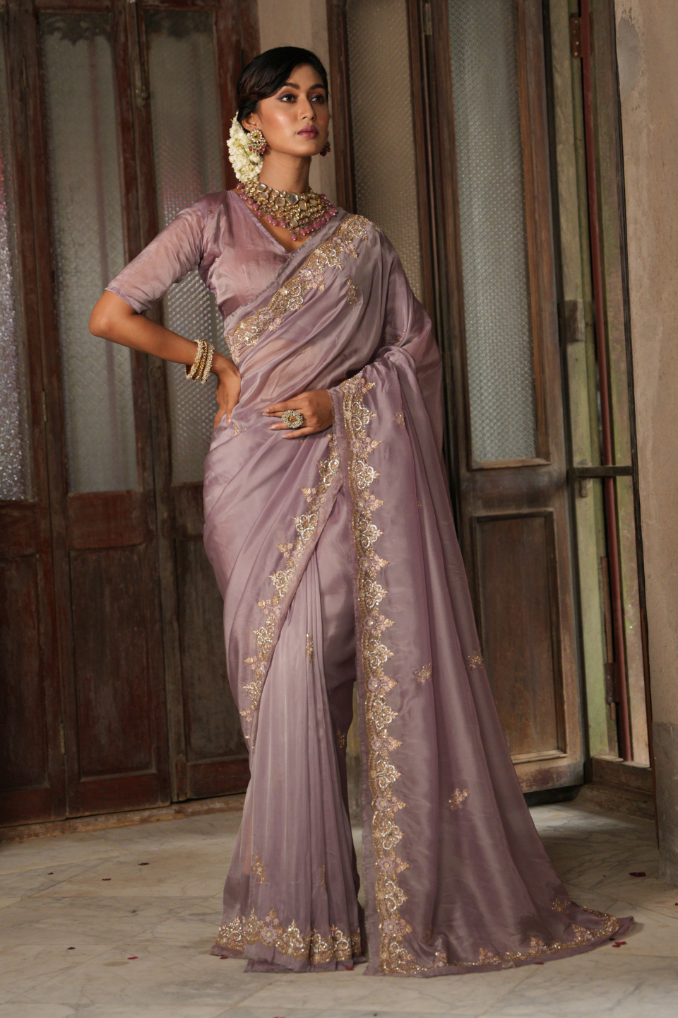 Pinkish Peach Organza Tissue Saree with Zardozi