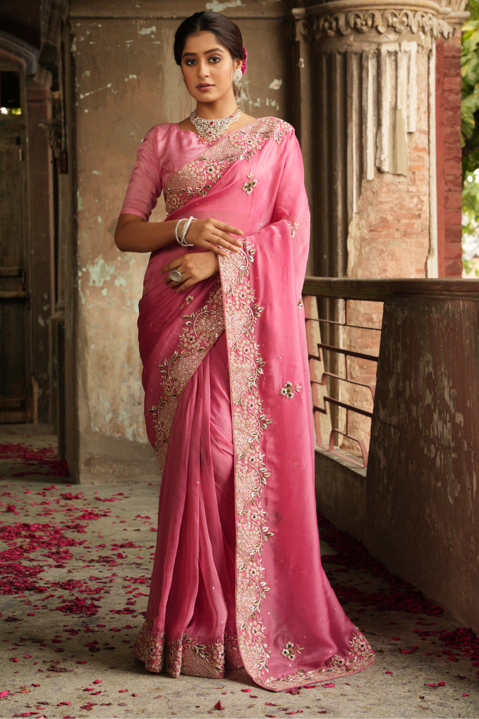 Gajri Tissue Organza Saree with Zardozi Buti & Grand Nine Yard Embellishments