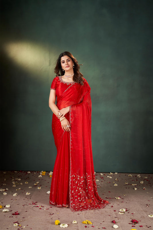 Captivating Reddish Maroon Crush Tissue Saree with Zarkan Border