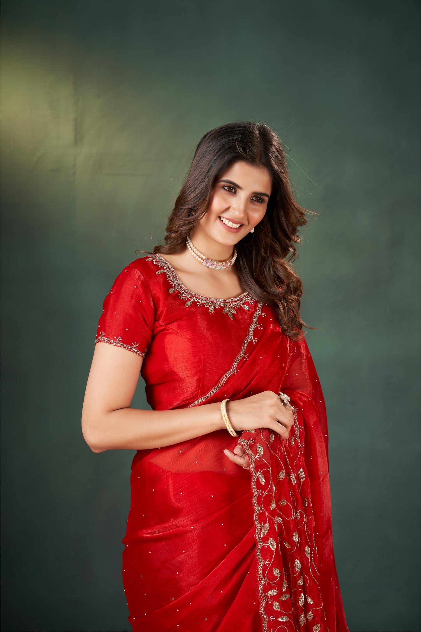 Captivating Reddish Maroon Crush Tissue Saree with Zarkan Border