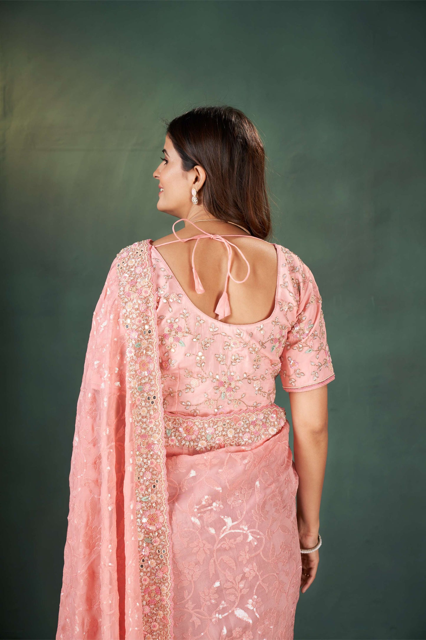 Elegant Peach Organza Silk Saree with Sequins and Chicken Work