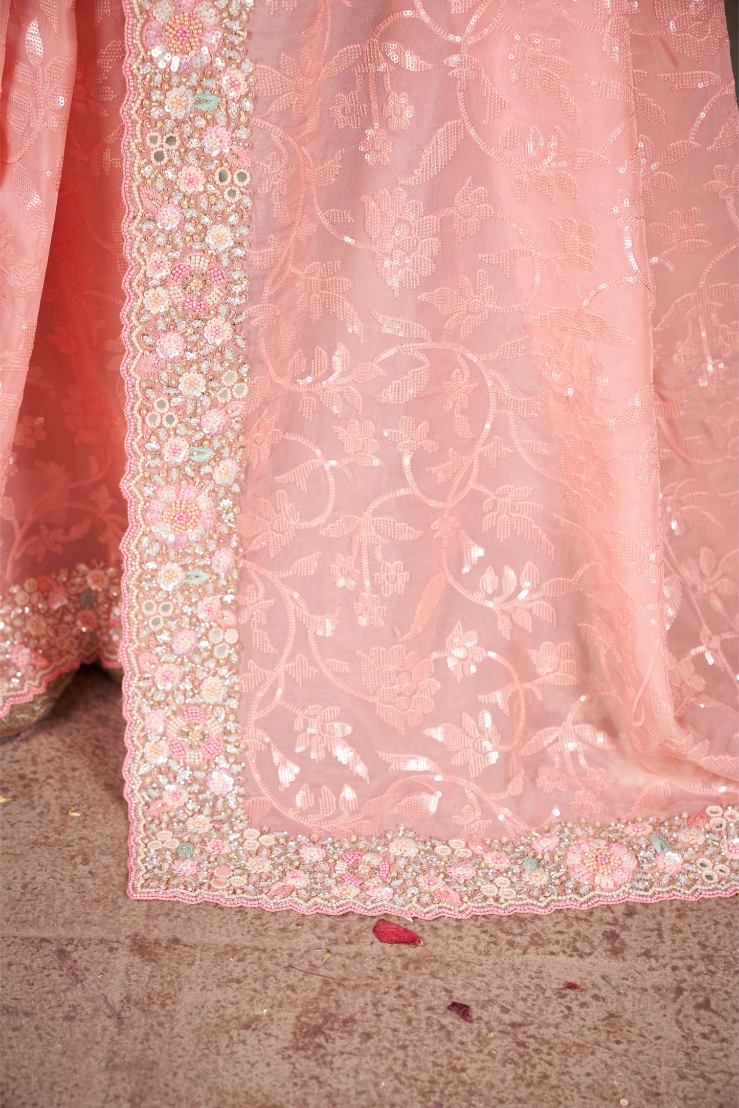 Elegant Peach Organza Silk Saree with Sequins and Chicken Work