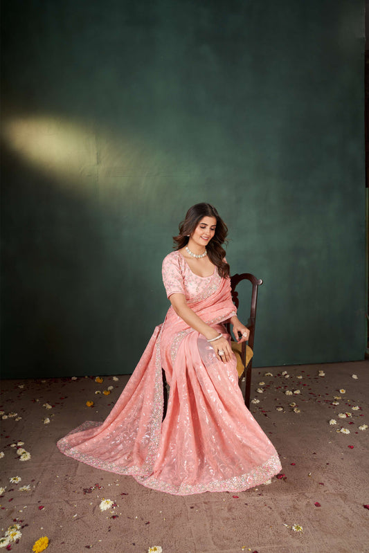 Elegant Peach Organza Silk Saree with Sequins and Chicken Work