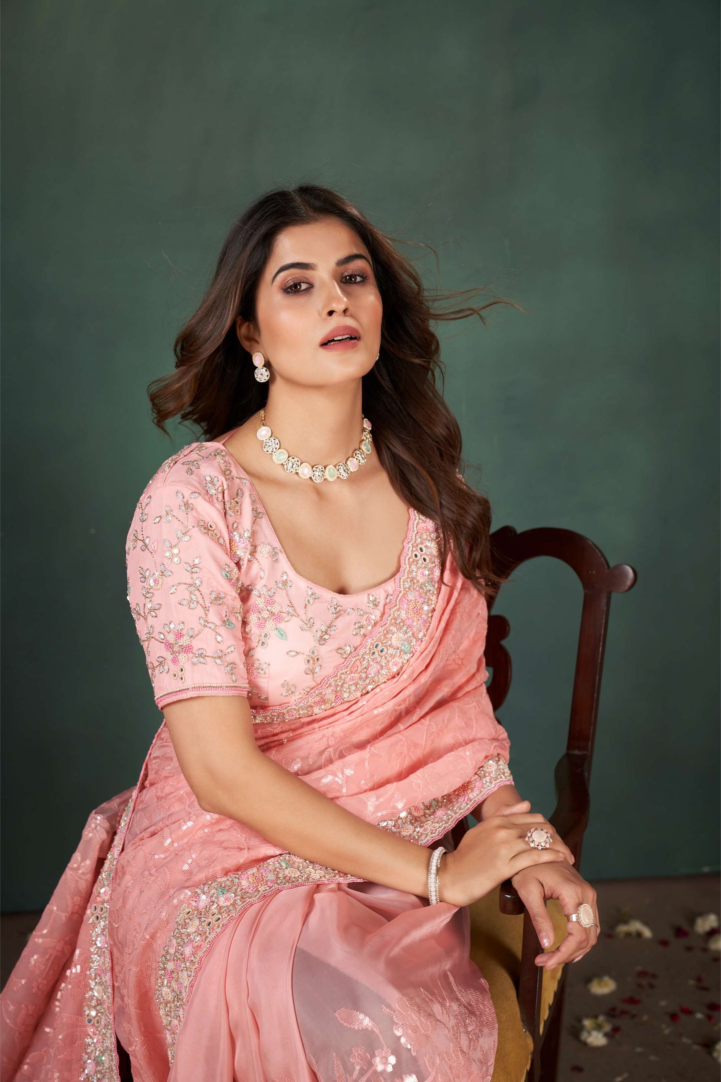 Elegant Peach Organza Silk Saree with Sequins and Chicken Work