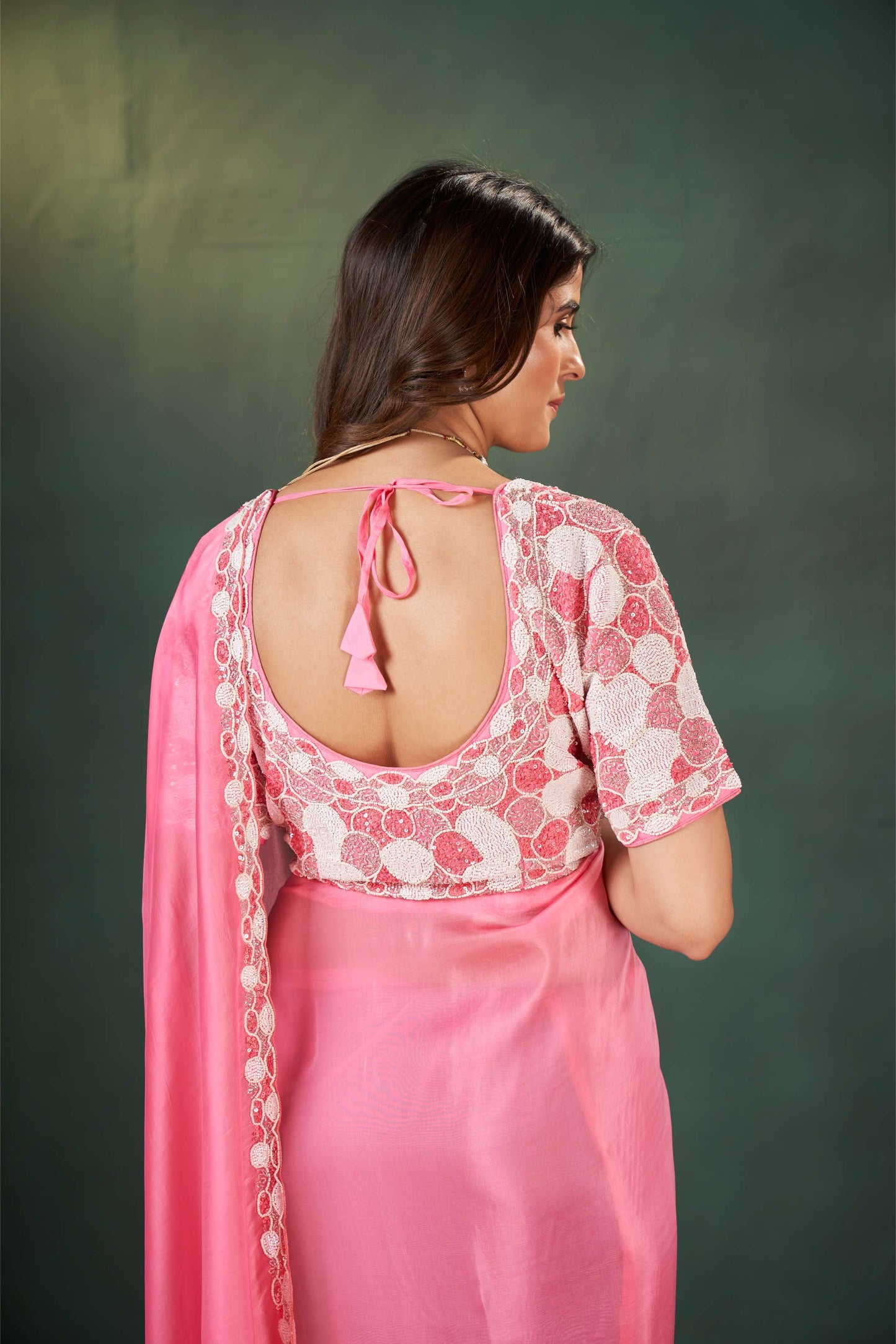 Enchanting Gajri Pink Organza Tissue Saree with Heavy Work Blouse