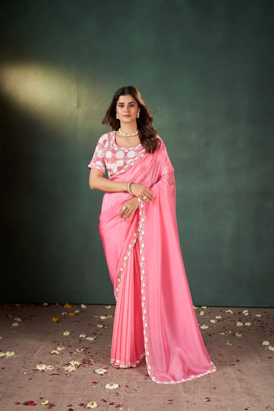 Enchanting Gajri Pink Organza Tissue Saree with Heavy Work Blouse