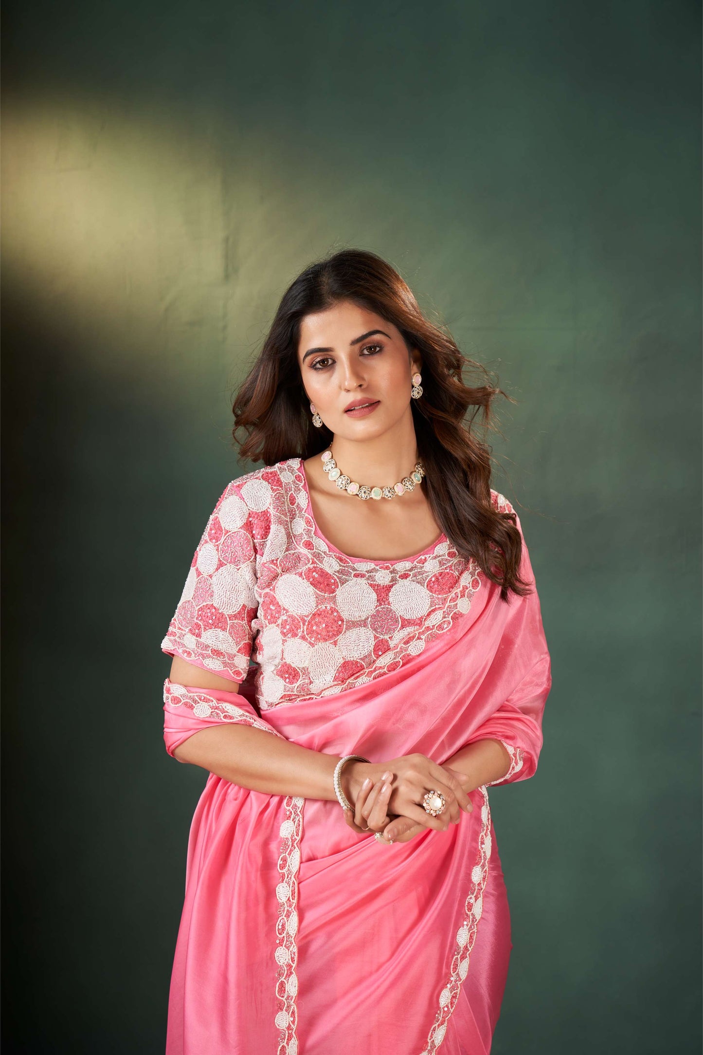 Enchanting Gajri Pink Organza Tissue Saree with Heavy Work Blouse