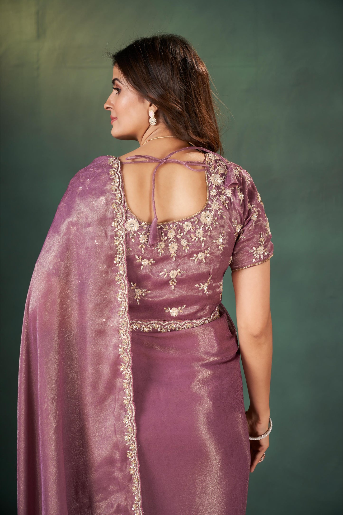 Captivating Dark Onion Shimmer Self Jaccard Saree with Sequins and Zardozi Work