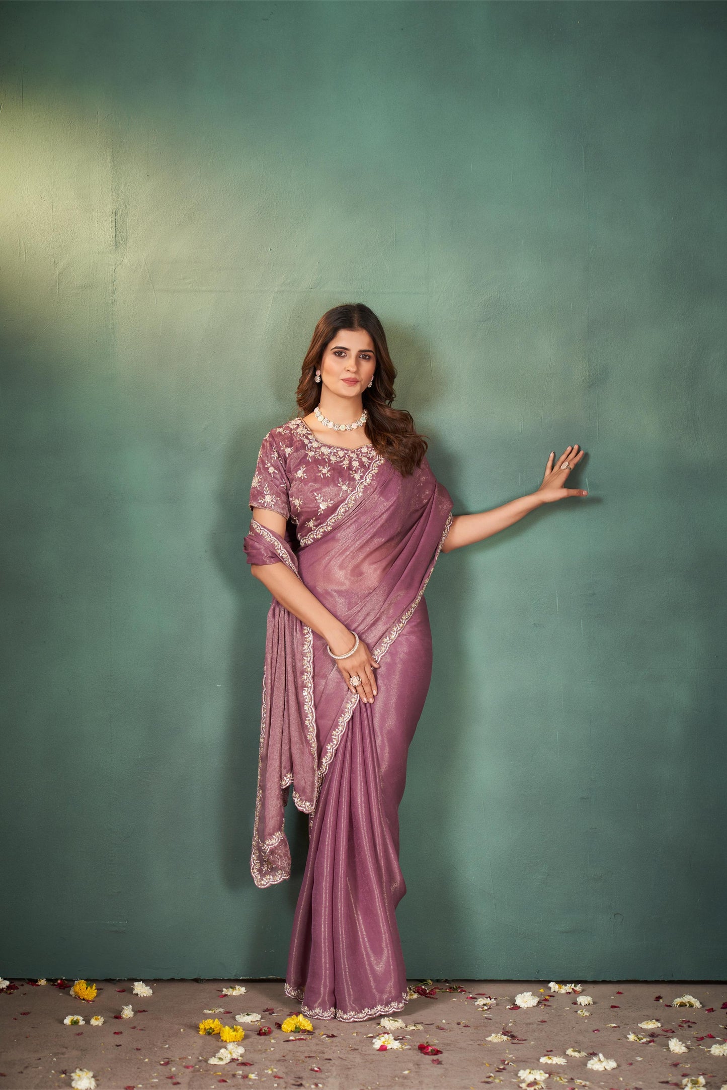 Captivating Dark Onion Shimmer Self Jaccard Saree with Sequins and Zardozi Work