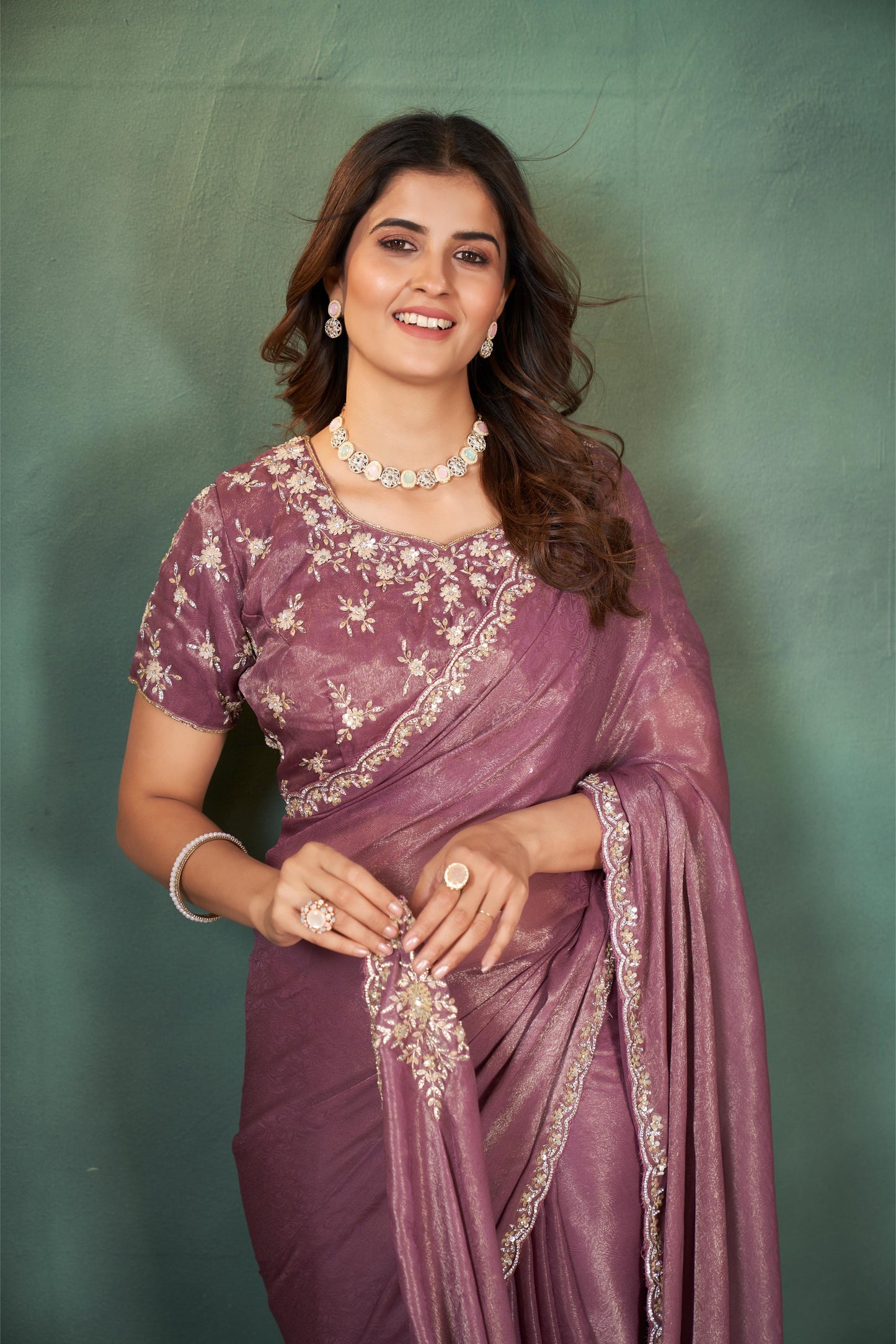 Captivating Dark Onion Shimmer Self Jaccard Saree with Sequins and Zardozi Work