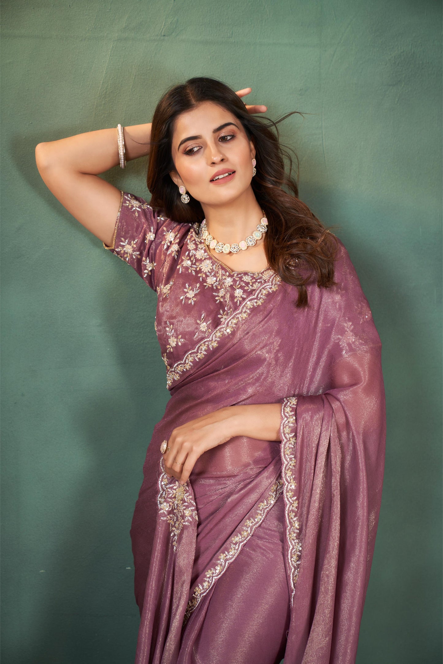 Captivating Dark Onion Shimmer Self Jaccard Saree with Sequins and Zardozi Work