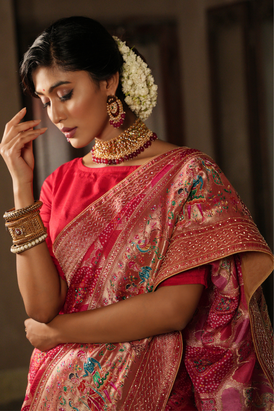 Desert Rose Allure: Gajri Khaddi Silk Saree with Hand Embroidery & Meena Work