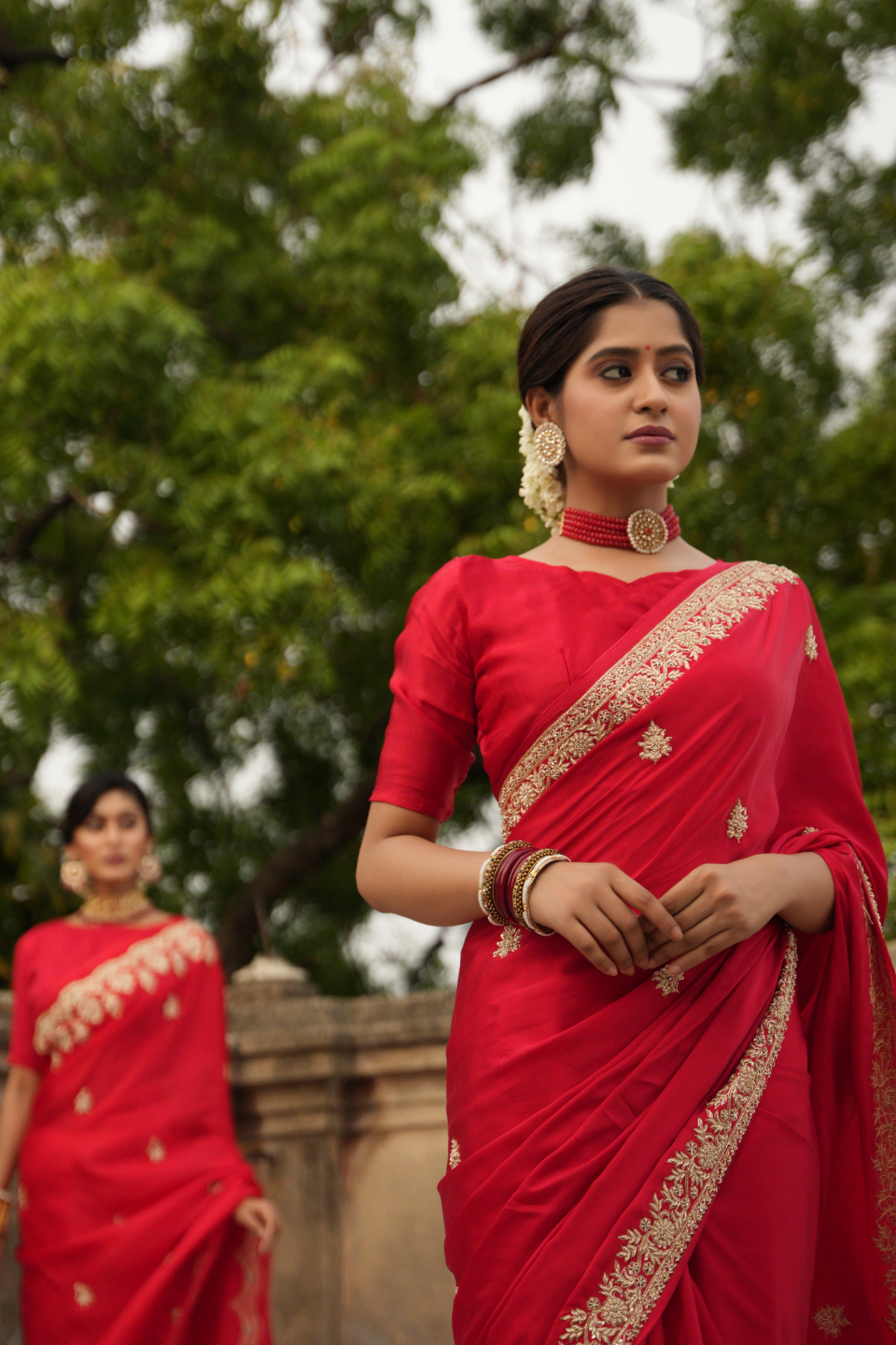 Scarlet Splendor: Red Satin Silk Saree with Zardozi Border & Buti Embellishments