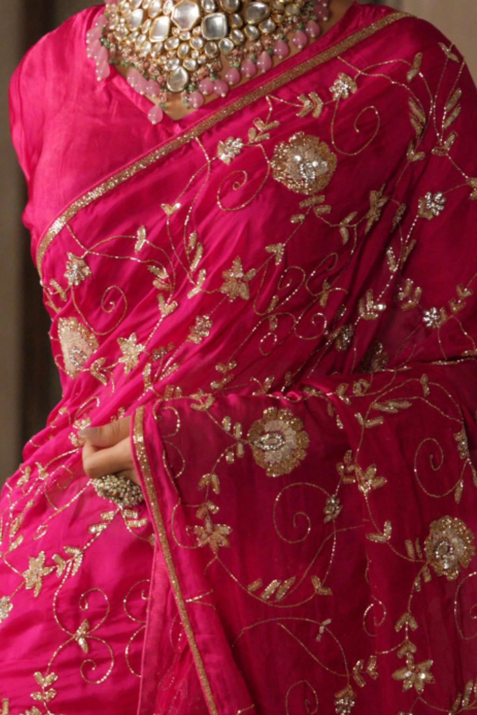 Regal Rhapsody: Dark Pink/Rani Georgette Saree with Jaal Design & Sequins-Katdana Border