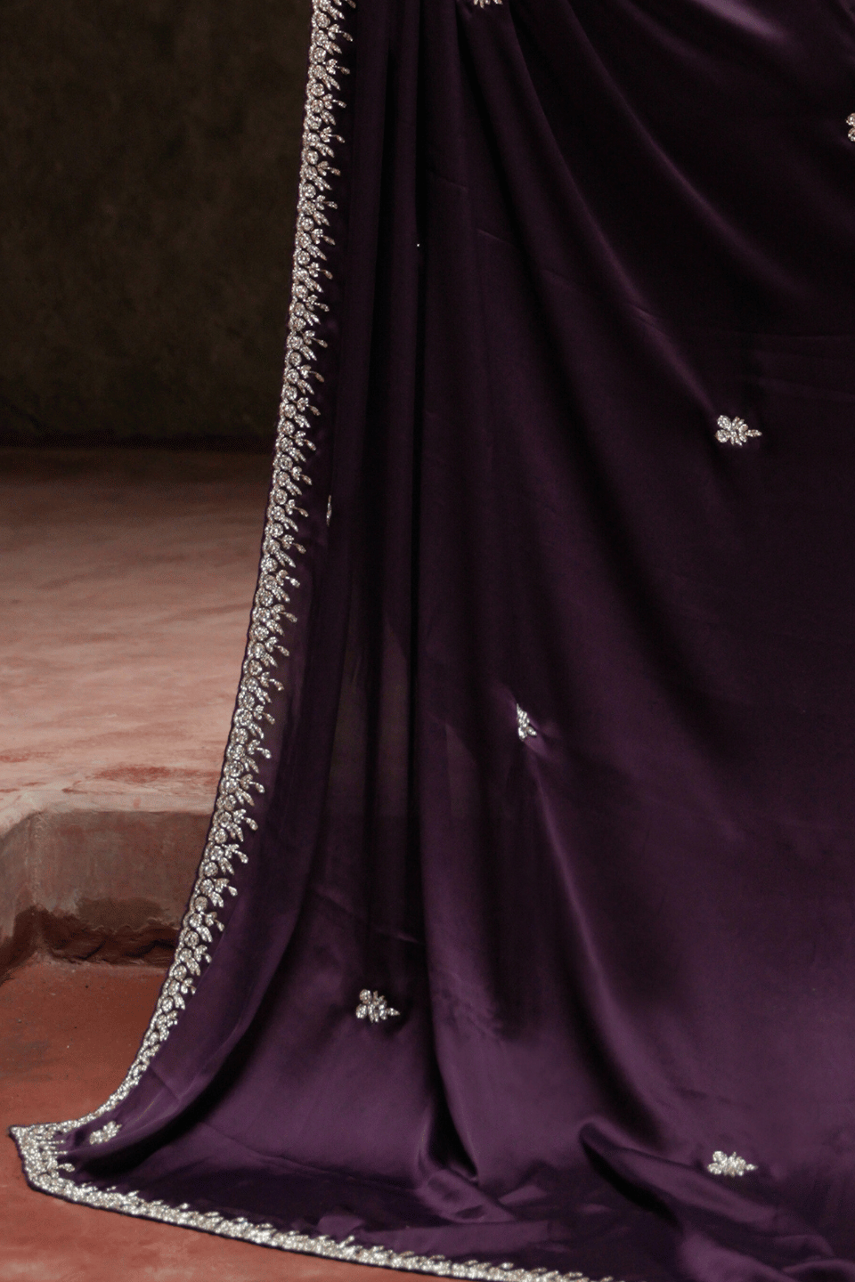 Regal Purple Saree with Heavy Zarkan & Cutdana Work on Satin Fabric