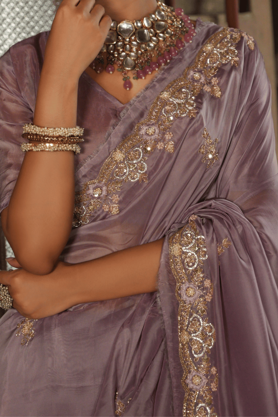 Blush of Dawn: Pinkish Peach Organza Tissue Saree with Zardozi, Resham & Sequin Splendor