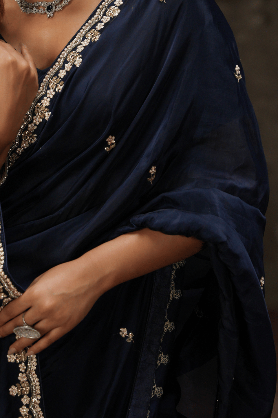 Stunning Navy Blue Saree with Fine Zardozi, Pearl & Zarkan Embellishments on Organza Tissue