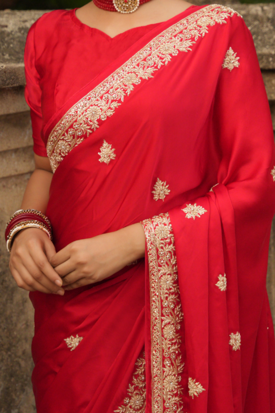 Scarlet Splendor: Red Satin Silk Saree with Zardozi Border & Buti Embellishments