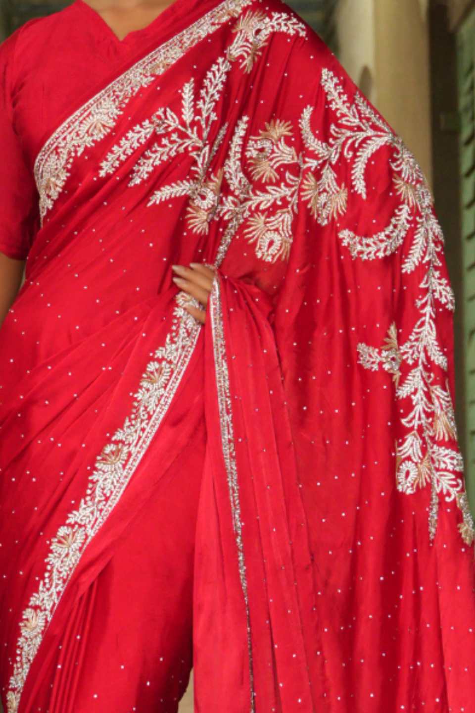 Scarlet Symphony: Red Chinnon Satin Saree with Zardozi & Zarkan Embellishments