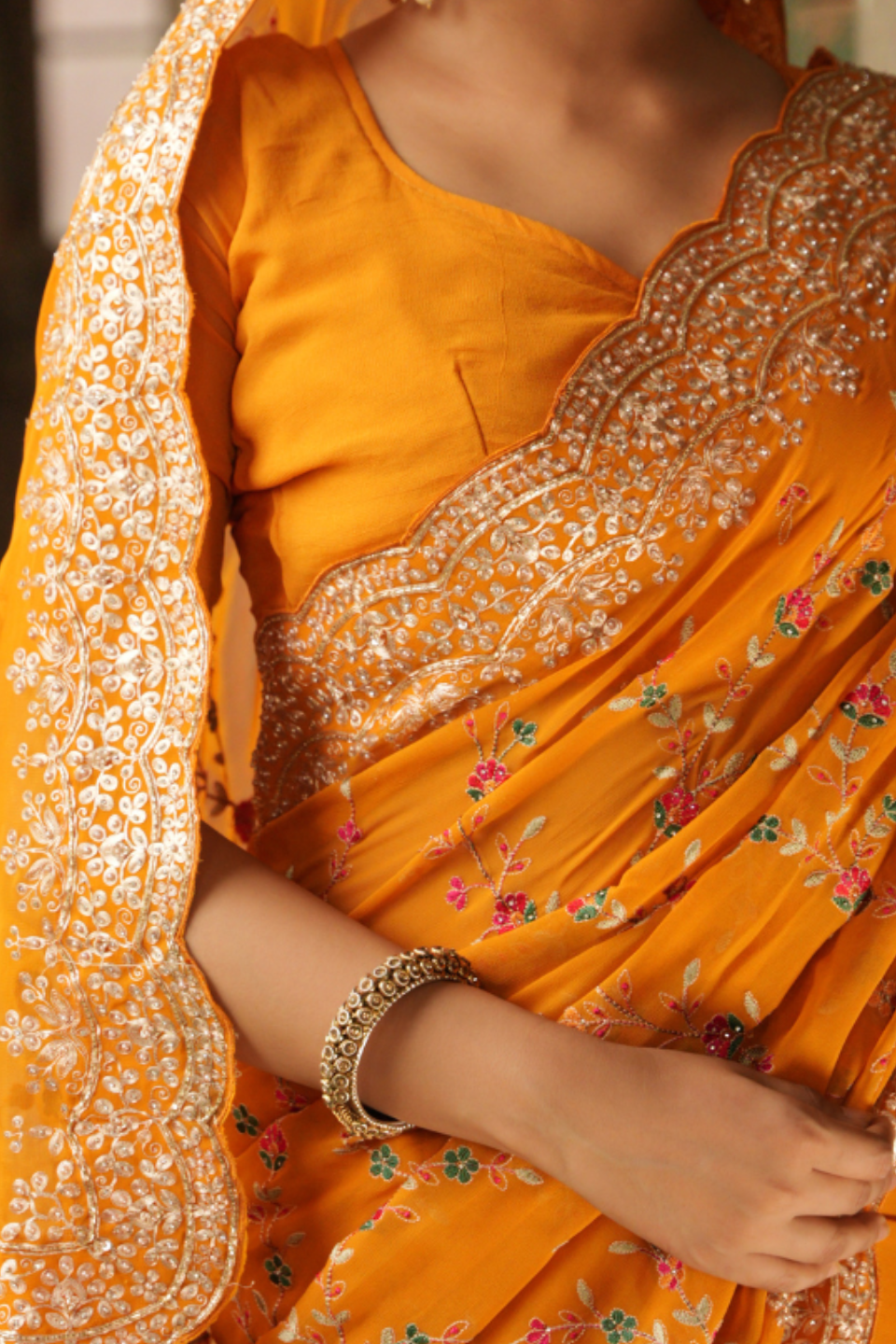 Golden Radiance: Mustard Yellow Georgette Saree with Zari Border & Resham Jaal